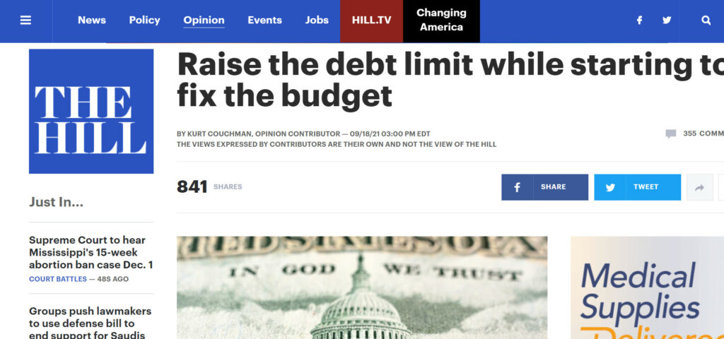 Click here to read Kurt Couchman's op-ed on raising the debt limit while starting to fix the budget.