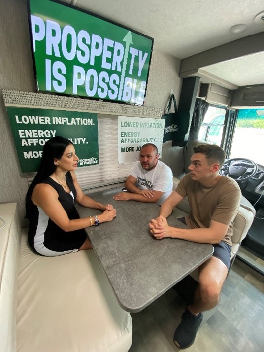 Americans for Prosperity State Director Donovan O'Neil discusses how to power prosperity with Brad Polumbo and Mehet Cook at the Columbus Prosperity Is Possible stop. 
